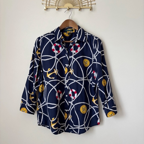 Lauren Ralph Lauren Tops - Lauren Ralph Lauren Shirt Large Nautical Print Blue Button Front